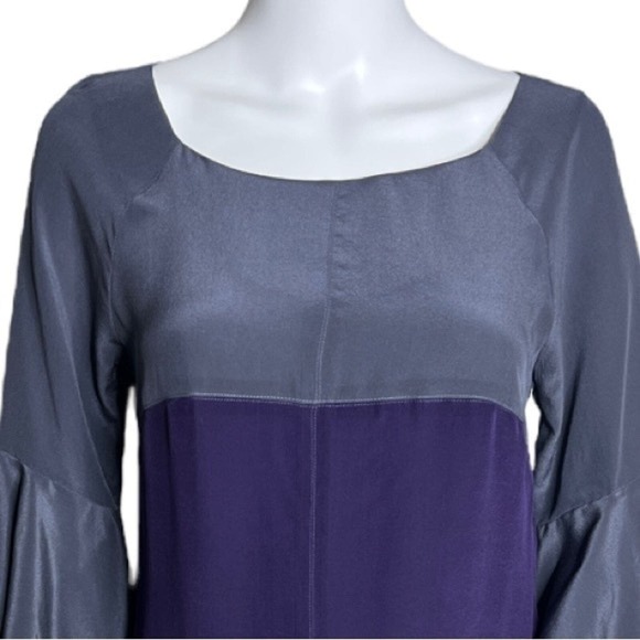 French Connection Dress Womens 2 Gray Purple Gold Shift Bell Sleeve‎ Silk Boho - Picture 4 of 5